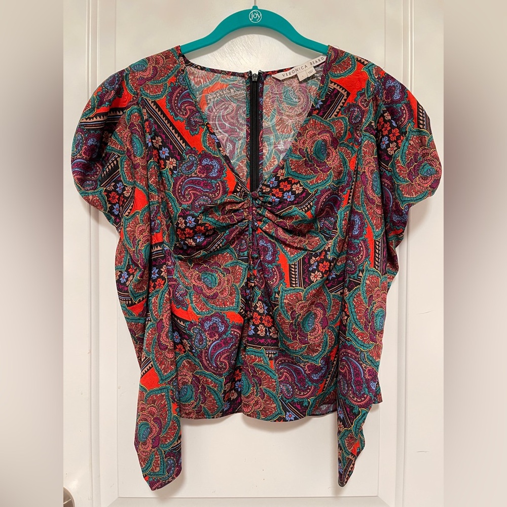 Veronica Beard Simmons Paisley Floral Silk Blend Top Puff Sleeves Y2K Size 4 - Picture 3 of 10
